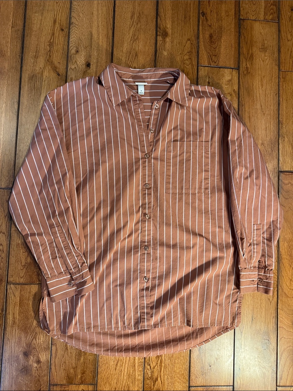 a new day Rust Brown Striped Long-Sleeve Button-Down women’s Shirt sz. M